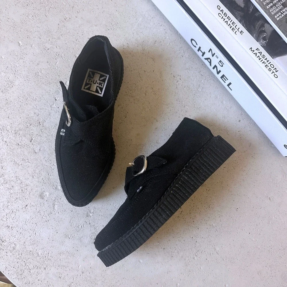 T.U.K Women's Black Monk Buckle Strap Creeper Leather Platform Loafers Size 5